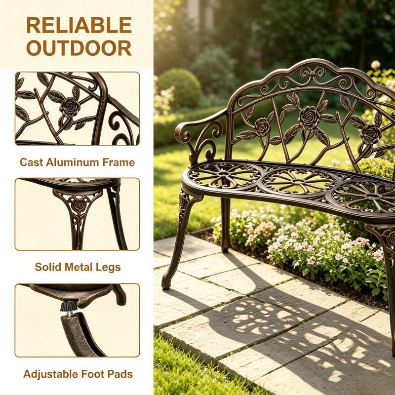 Chaise double en aluminium moulé, banc extérieur pour parc et jardin, banc double pour terrasse et balcon, bronze, Bronze