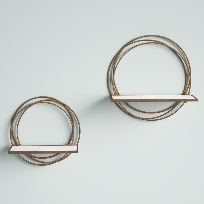 Gold Metal Rings Floating Wall Shelves with Whitewash Wood