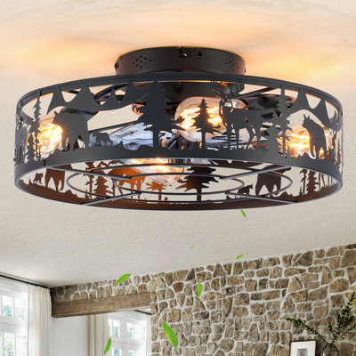 Ventilateur de plafond encastré en cage de 20 pouces, ventilateur de chalet rustique avec lumières, ventilateur à profil bas Black Wildlife Forest pour salon, chambre à coucher