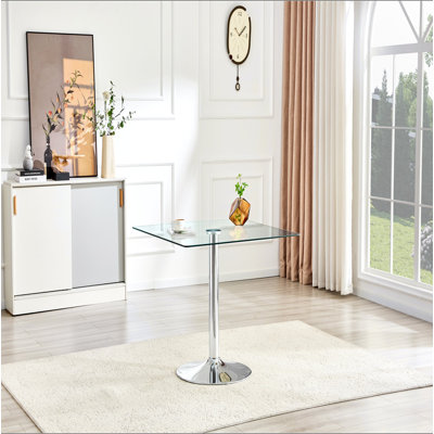 Table de salle à manger 38,5 pouces moderne minimaliste carrée en verre avec base en métal à une colonne. Disponible en noir, or ou argent. Table de salle à manger à domicile. Convient pour 2 à 4 personnes.