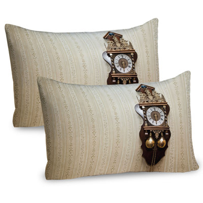 Ambesonne Antique Pillow Sham 2 Pack Wood Wall Carving Clock Brown and Tan