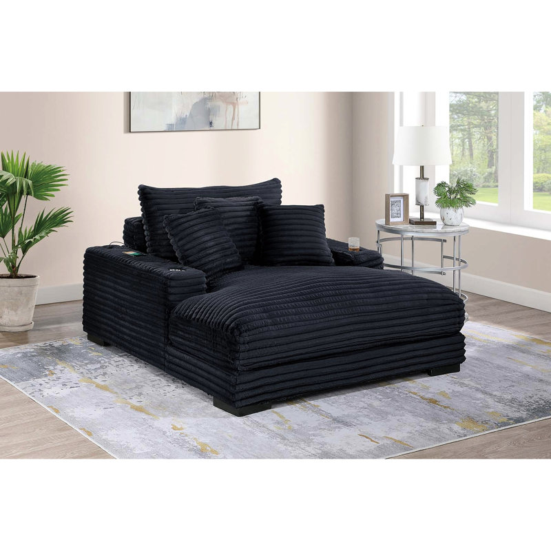 Chaise longue moderne transitionnelle en velours côtelé géant noir, 2 porte-gobelets, portos, pieds à profil bas et coussins élégants décontractés avec une teinte chaleureuse en bois