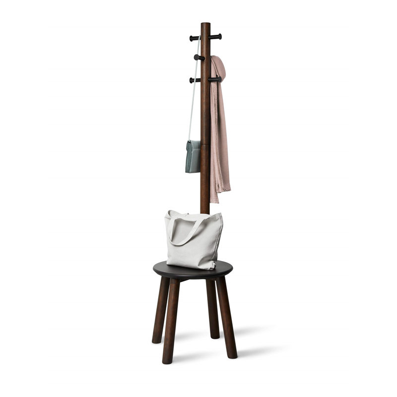 Black and Walnut Multifunctional Coat Rack with Integrated Stool