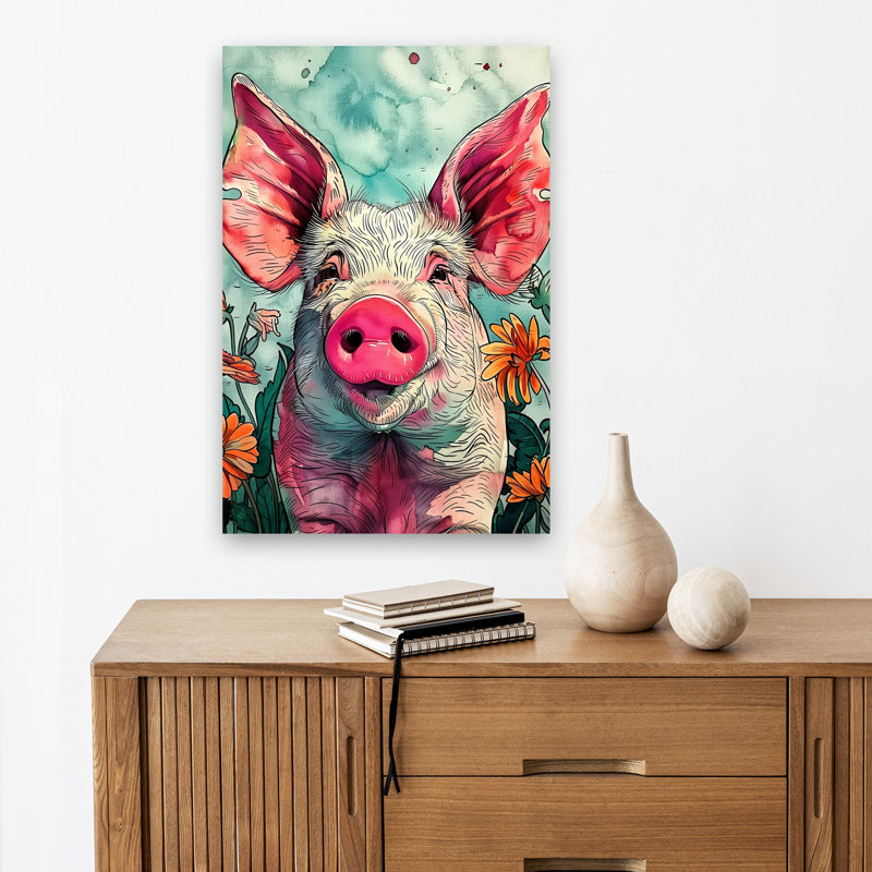 Art souriant, cochon souriant dans des fleurs, H 18 po x l 12 po