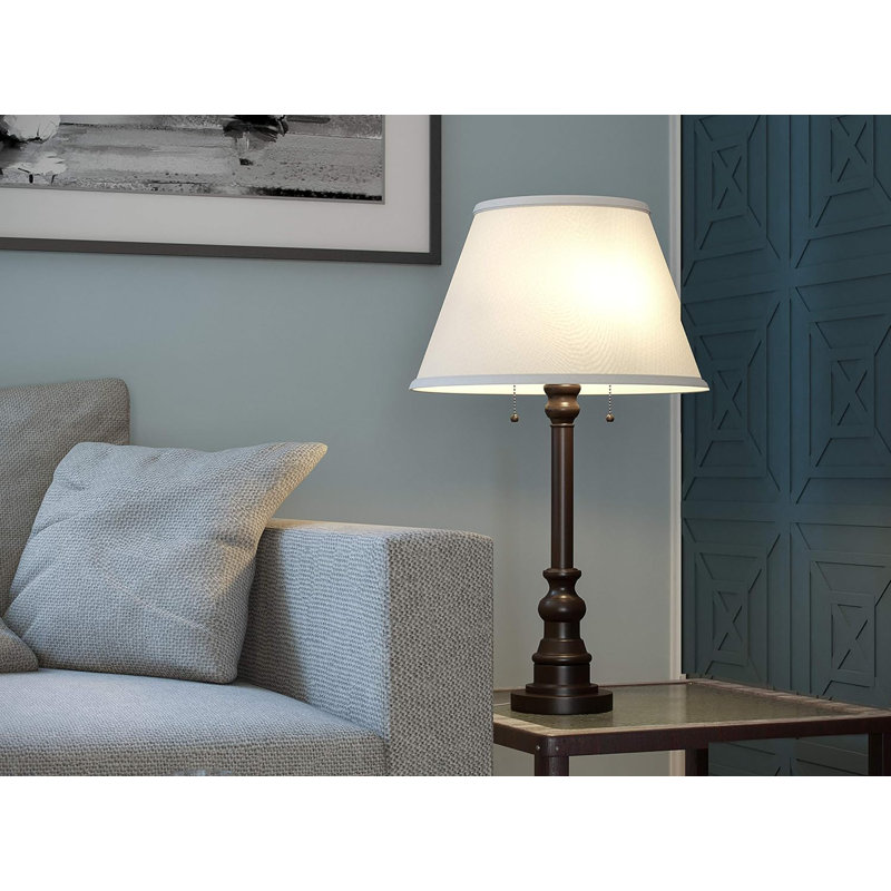 Bronze Table Lamp - Classic Retro-Modern Style With Linen Shade And Pull Chain Switches