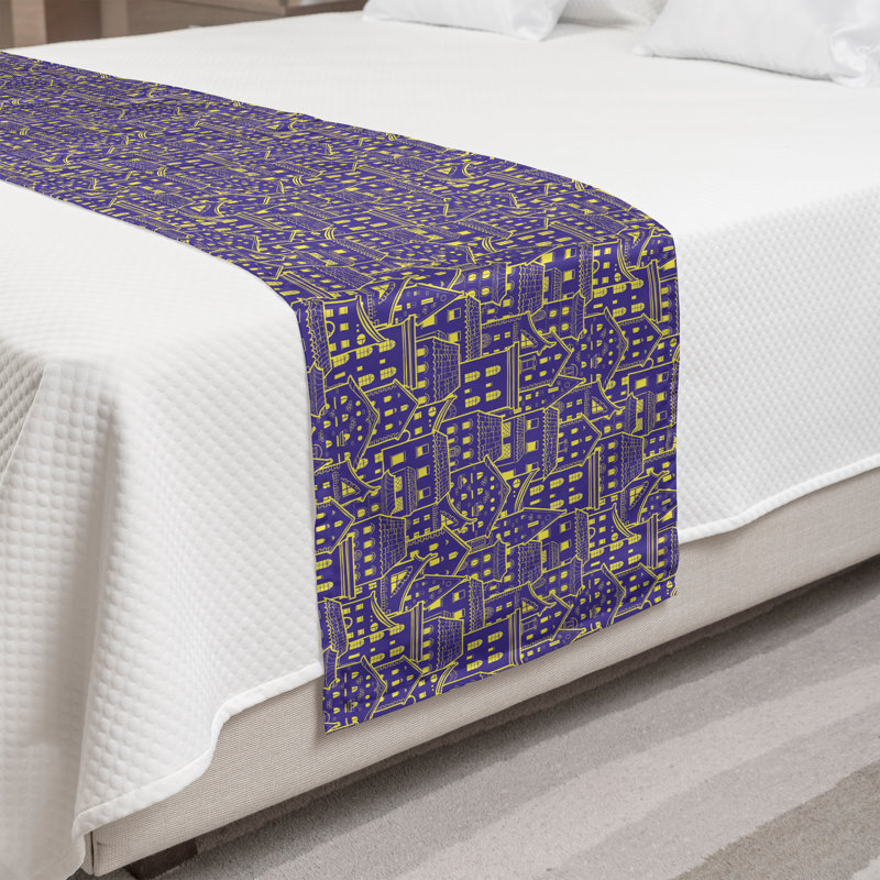 Chemin de lit Ambesonne Cityscape Doodle maisons bicolores bleu violet et jaune, Roi