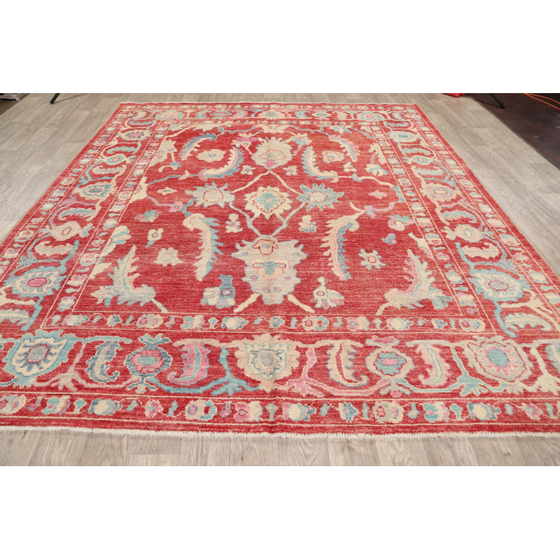 Tapis décoratif en laine rouge de conception unique 8 pi 3 po x 9 pi 6 po noué à la main New Age