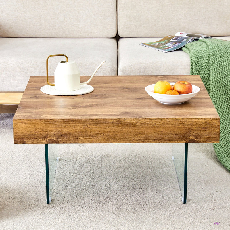 Table basse carrée en panneau de fibres à densité moyenne de style 31,5 po x 31,5 po avec pieds en verre trempé. Autocollant de panneau de densité, verre renforcé.