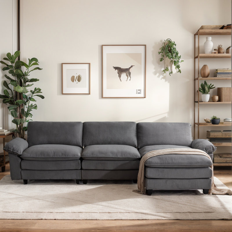 3 Seat 122" Upholstered Modular Sectional Sofa With Ottoman, Gray