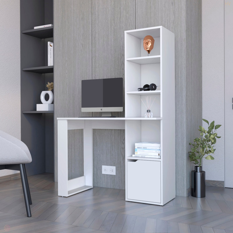 Bureau d'ordinateur avec bibliothèque à 4 niveaux et armoire à 1 porte, White Duplicate