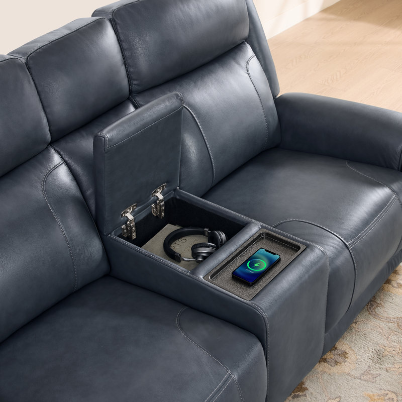 Genuine Leather Console With Wireless Charging & Hidden Storage, Navy