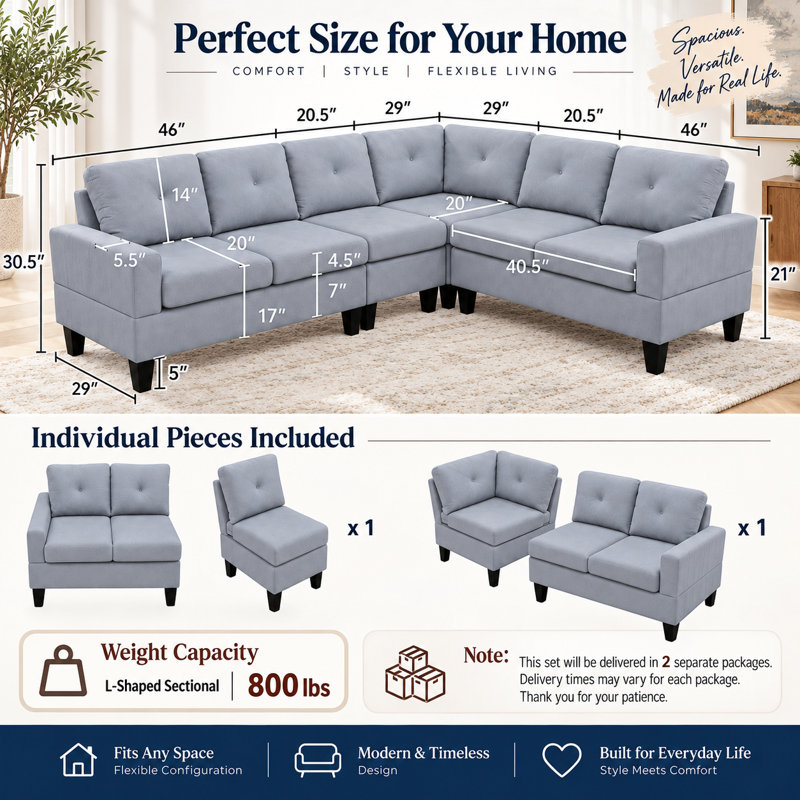 Canapé d'angle modulaire Aura 4 pièces en forme de L avec méridienne, ressorts noués à la main dans huit directions, housses de coussin lavables
