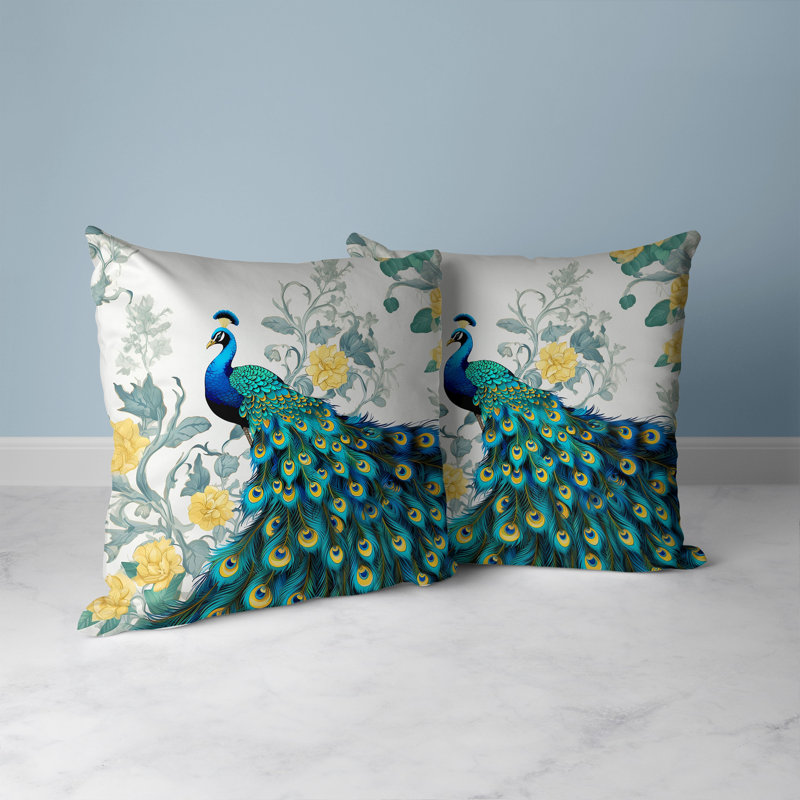 Peacock and Floral Faux Suede Reversible Throw Pillow