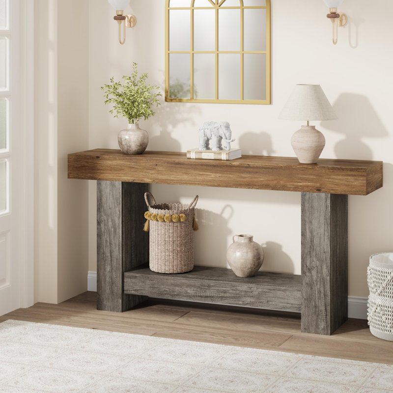 63" Console Table for Entryway, Entry Accent Table for Living Room, Long  Console Table with Storage, Farmhouse Hallway Table with 2-Tier Storage Shelf, Rectangular Sofa Table Behind Couch