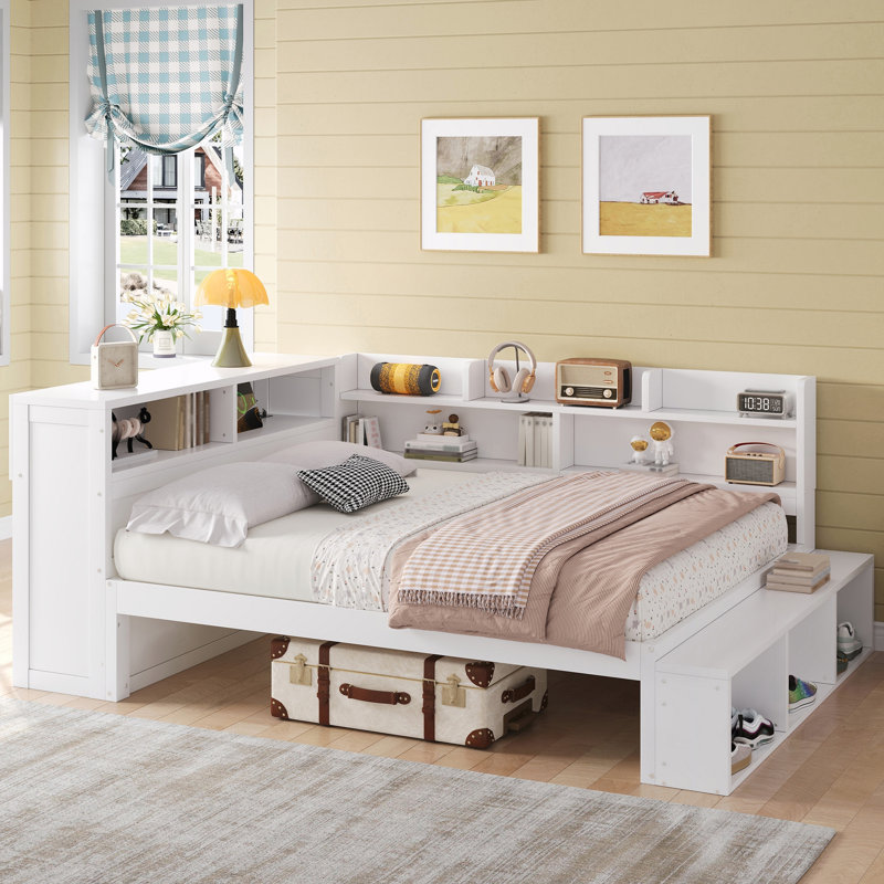 Lit de jour double avec armoires de rangement, armoire à chaussures et ports USB, White