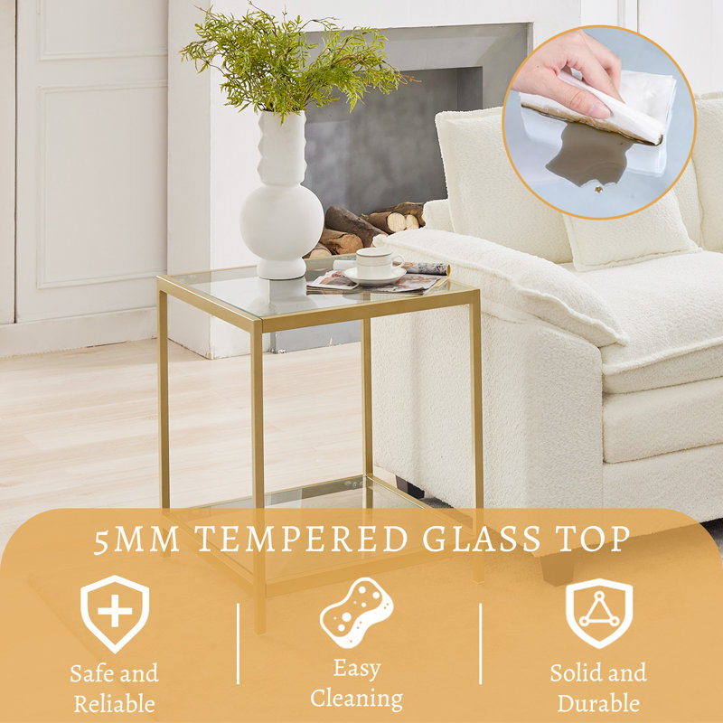 Table basse carrée en verre 20 po, Doré
