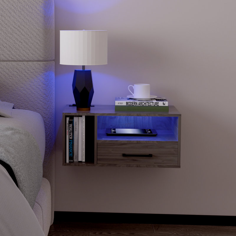 Jorid 21.3''W Wall Mounted Floating Nightstand with RGB Light, Light Brown