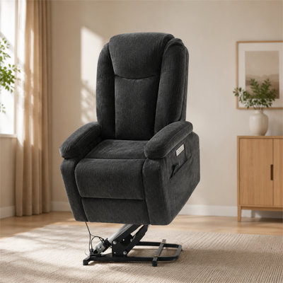 Fauteuil inclinable large, gris et réglable électriquement pour les personnes âgées, avec fonctions de massage et de chauffage, deux porte-gobelets en acier et ports de charge USB + Type-C.