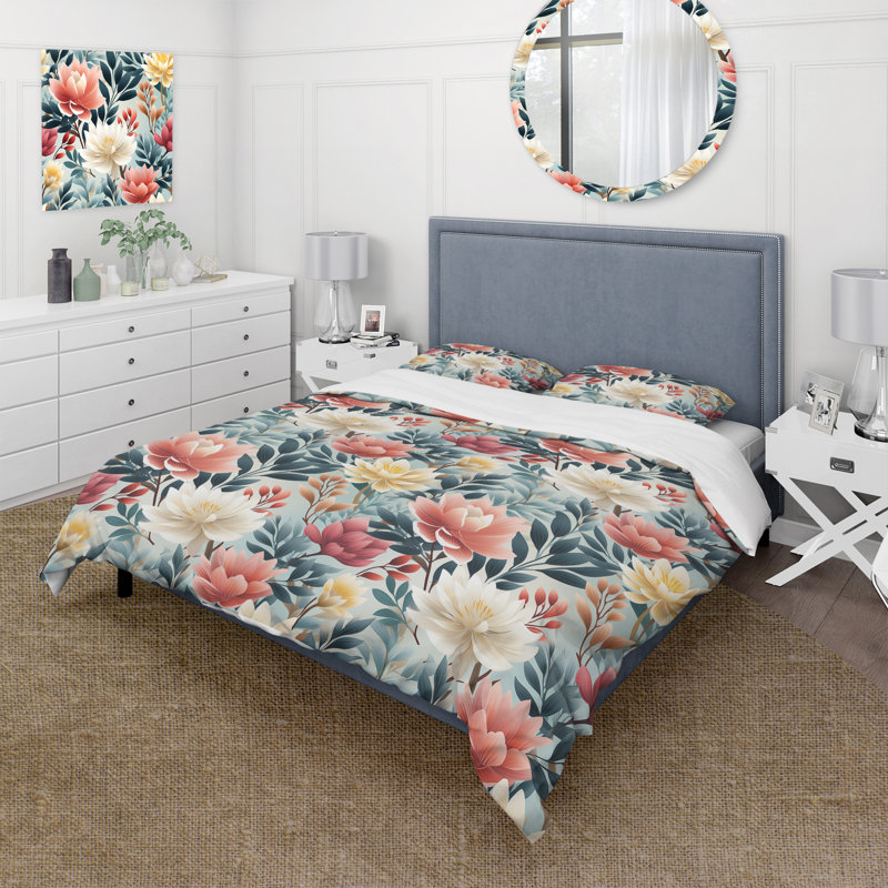 Ensemble de housse de couette floral corail et bleu à motif de chevrons - Microfibre polyester