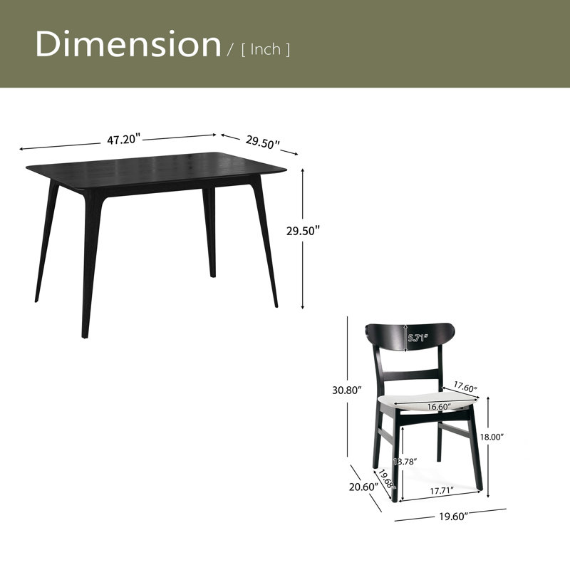 Ensemble de salle à manger 5 pièces de style Mid-Century moderne, structure en bois d'hévéa, une table et 4 chaises rembourrées