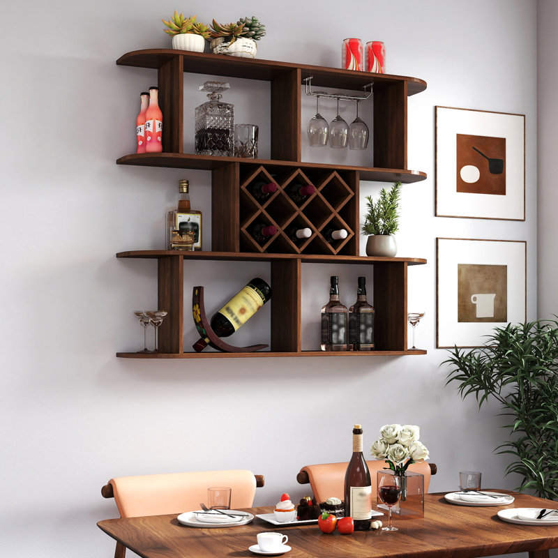 Bar mural, support à vin à 3 niveaux, porte-verre, brun noyer