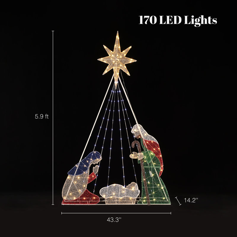 Crèche de Noël de 5,9 pieds avec 170 lumières DEL, Marie, Joseph et l'enfant Jésus, étoile de Bethléem, 6 modes d'éclairage