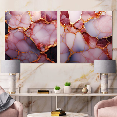 Ensemble de salon art mural en marbre doré et rose Essence I