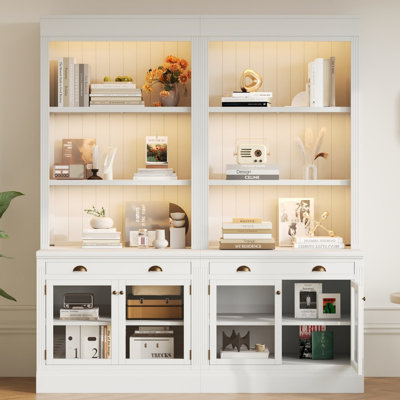 Ensemble de bibliothèque de 83,4 po de hauteur, ensemble de bibliothèque moderne 2 pièces avec éclairage à DEL, portes en verre, tiroirs et tablettes ouvertes pour le salon et le bureau personnel