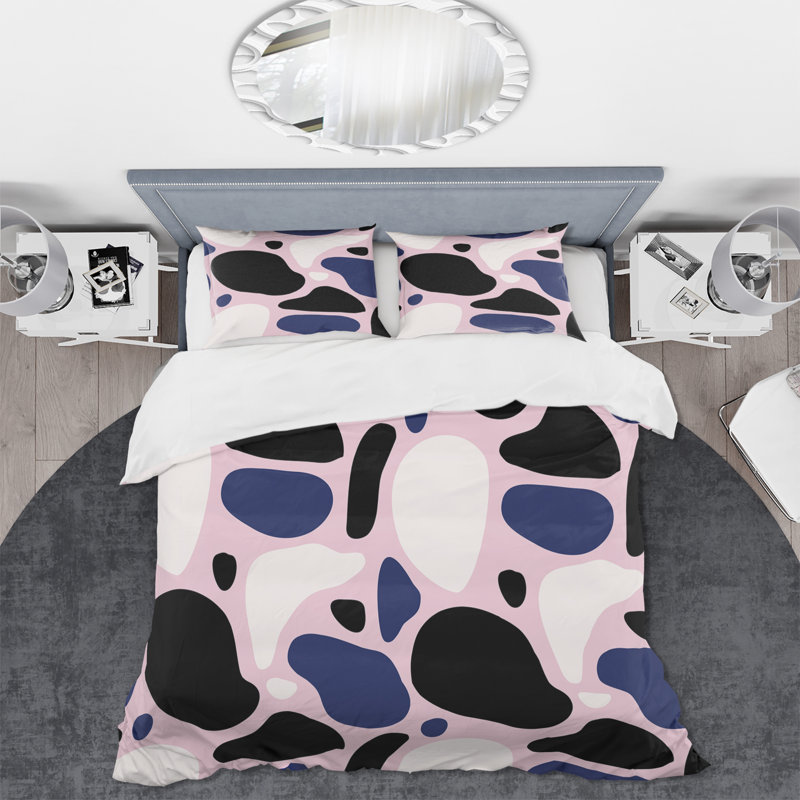 Formes de couette modernes noires, bleues et blanches sur fond rose - ensemble de housse de couette moderne - microfibre de polyester