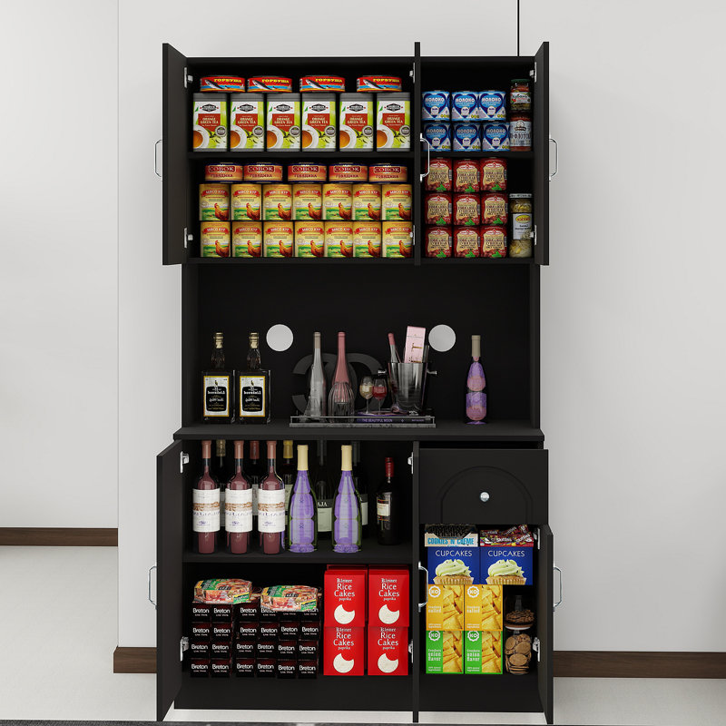 Armoire de rangement pour garde-manger de 71 po avec comptoir pour four à micro-ondes, huche autoportante avec tablettes réglables, 6 portes et 1 tiroir - noir 71 po