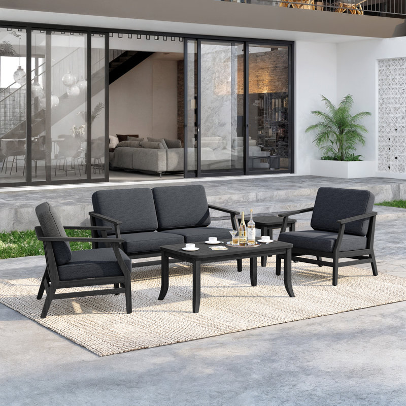 Clinkscales Teak Outdoor Four-person Patio Set with Cushions and Two Tables, Dark Gray, Black