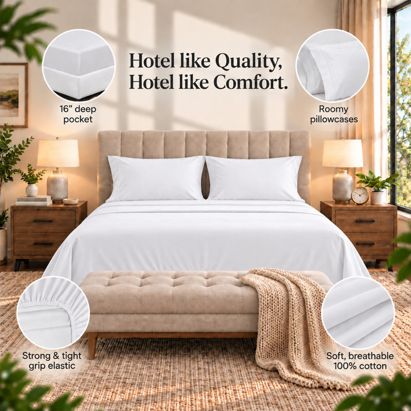 Ensemble de draps 4 pièces, 100 % coton, 800 fils/cm², blanc, pour lit double., Full, White