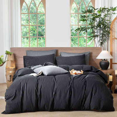 MooMee Striped Duvet Cover Set 100% Washed Cotton Linen Like Textured