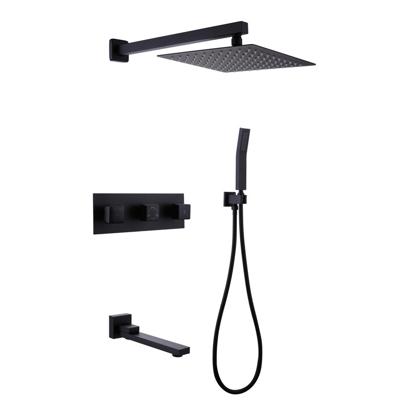 Système de douche complet à contrôle de température à 3 fonctions avec valve brute, Noir mat