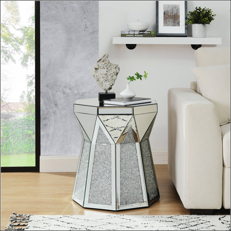 Table basse de style tambour avec incrustation de cristal miroir, table décorative argentée Polygonal