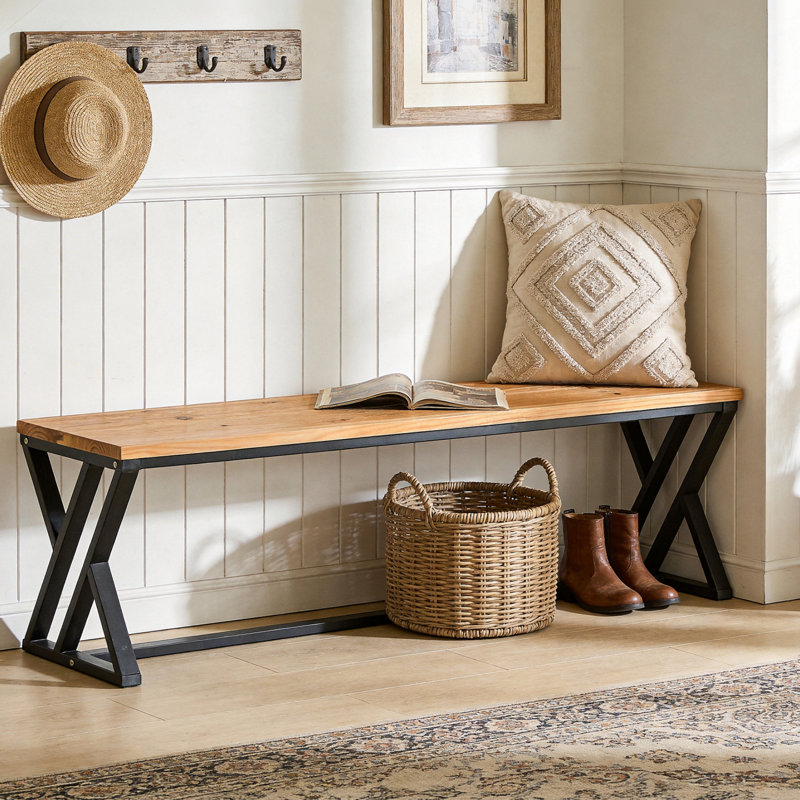 Solid Wood Entryway Bench, 55" Long End Of Bed Bench With Metal Legs For Bedroom, Hallway, Foyer