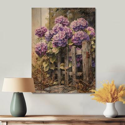 Summer Hydrangeas By The Farm Fence V - Hydrangea Wood Print - On Natural Pine Wood