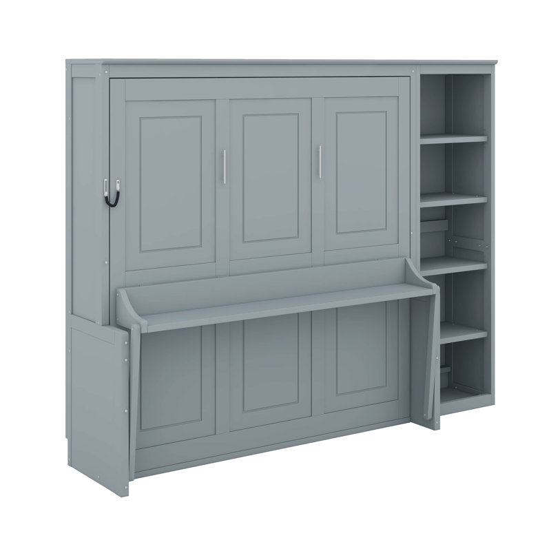 Grand lit escamotable avec bureau et bibliothèque, Gris, Grand lit