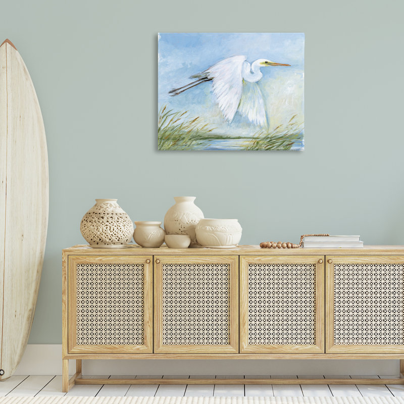 Art mural en toile blanche, aigrette, par Susan Winget, H 30 po x l 40 po