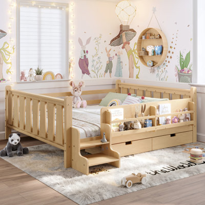 Grand lit pour enfant avec bibliothèques et tiroirs de rangement pour grand lit, lit en bois massif avec de jolis escaliers et garde-corps, aucun sommier nécessaire, clair naturel