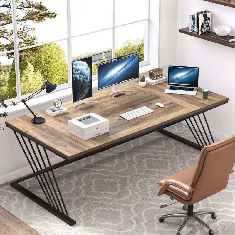 Cheryel 70.87" Modern Wood and Metal Computer Desk, Oak, Oak/Black, 29.53" H x 70.87" W x 31.5" D