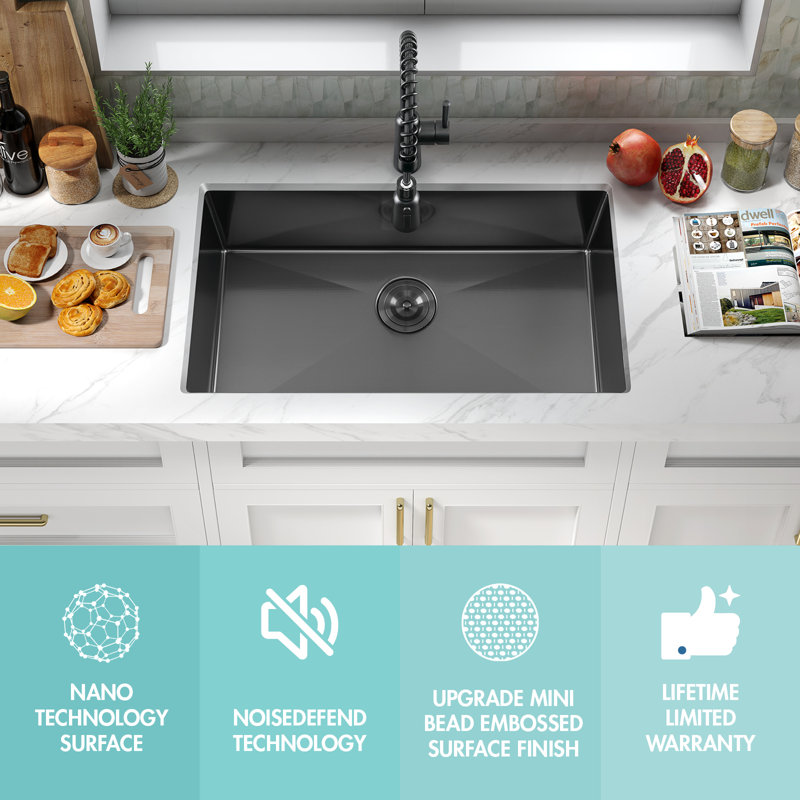 Attop Handmade Nano Black Stainless Steel Scratch-resistant 32 Inch Single Bowl Undermount Kitchen Sink With Strainer