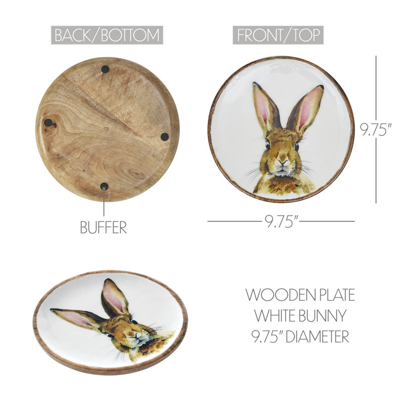 Bunny Hop Wooden Plate White w/ Bunny, 9.75" H x 9.75" W x 0.75" D