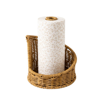 Porte-essuie-tout en papier tissé, panier à essuie-tout en rotin avec poteau central, rangement pour comptoir de cuisine