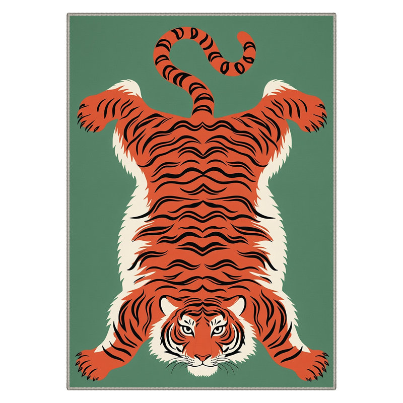 Tapis vert / orange lavable à la machine avec envers antidérapant Kai Emerald Jungle Tiger, Rectangle 6 pi x 9 pi