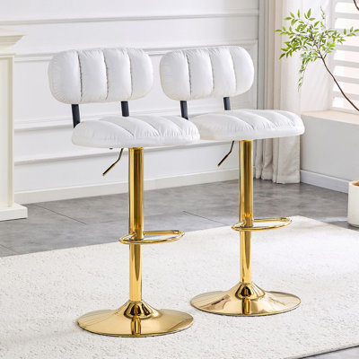 Set Of 2 Adjustable Height Bar Stools, White PU Leather Upholstered Seating With Gold Metal Base & Footrest, Luxe Glam Stools For Kitchen Island, Home Bar, Living Room
