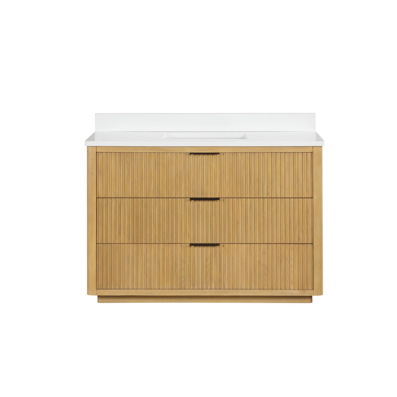 Meuble-lavabo autoportant moderne en chêne doré Coris de marque Tennant, 48 pouces, lavabo simple, comptoir en quartz blanc, entièrement assemblé