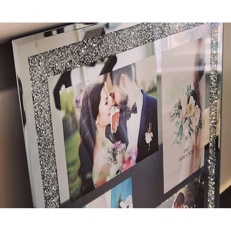 Alischa Deenz Diamond Crushed Crystal Sparkly Silver Mirrored 4 Picture Wall Hung Photo Frame, Silver, 6" x 4"