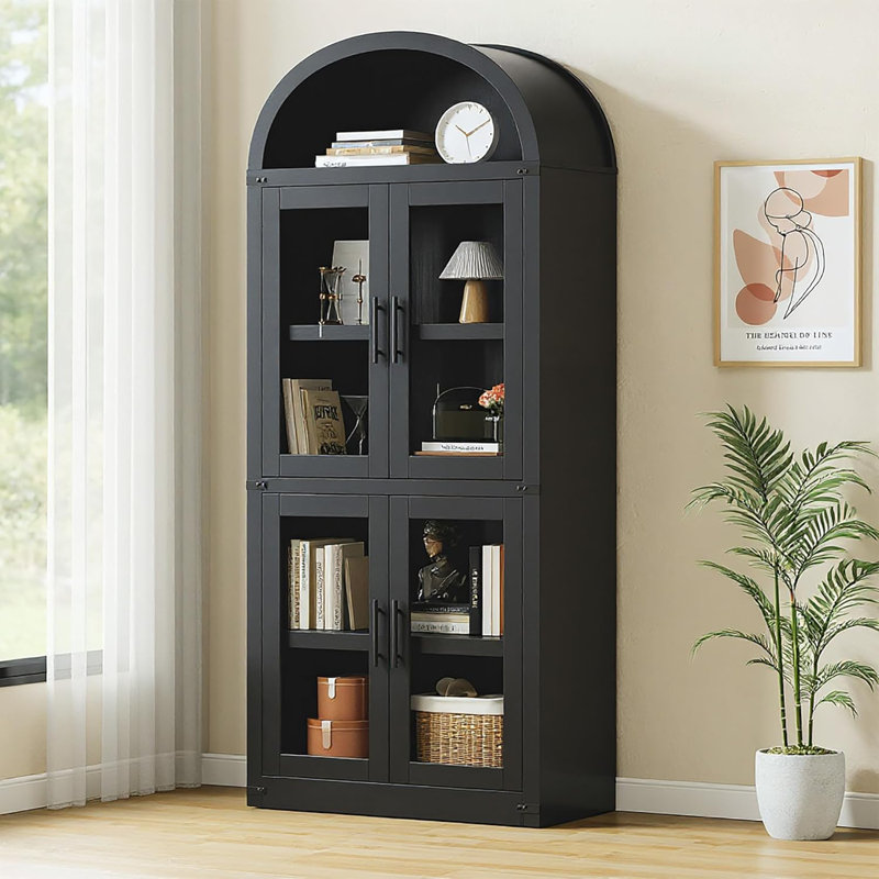 Farmhouse Arched Glass Door Bookshelf 71.4" Tall Wooden Display Cabinet for Living Room Office, Black