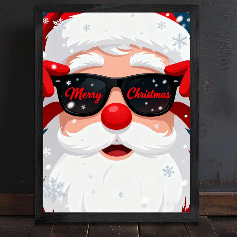 Cadre noir, lunettes de soleil du père Noël, art mural, impression festive et amusante, H 37 po x l 25 po